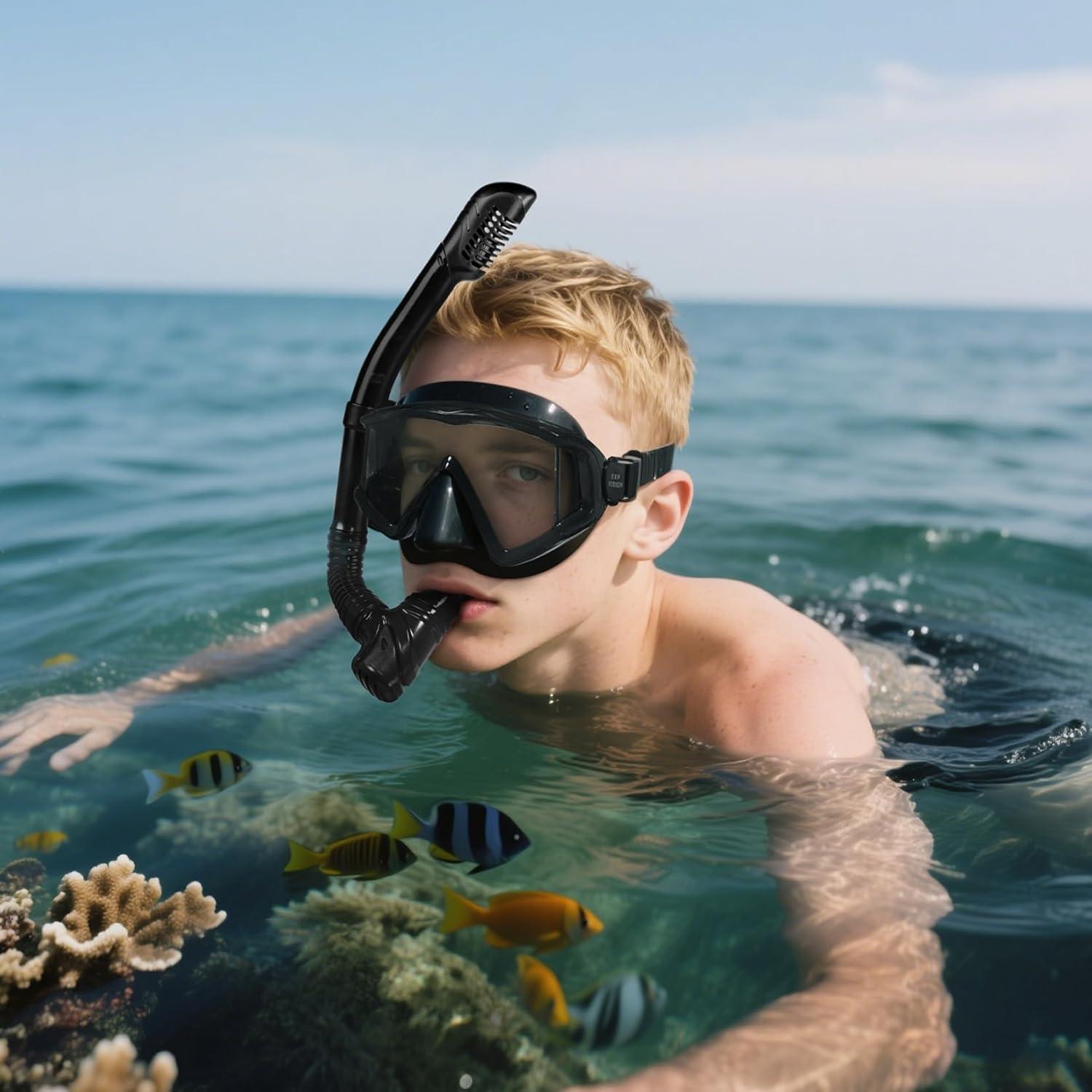 imageAdult Pano 3 Scuba Diving Mask Tempered Glass Snorkel Mask AntiFog Swim Mask No Leakage Swim Goggles with Nose Cover Snorkeling Gear for Snorkeling Freediving SwimmingMystic Black Set