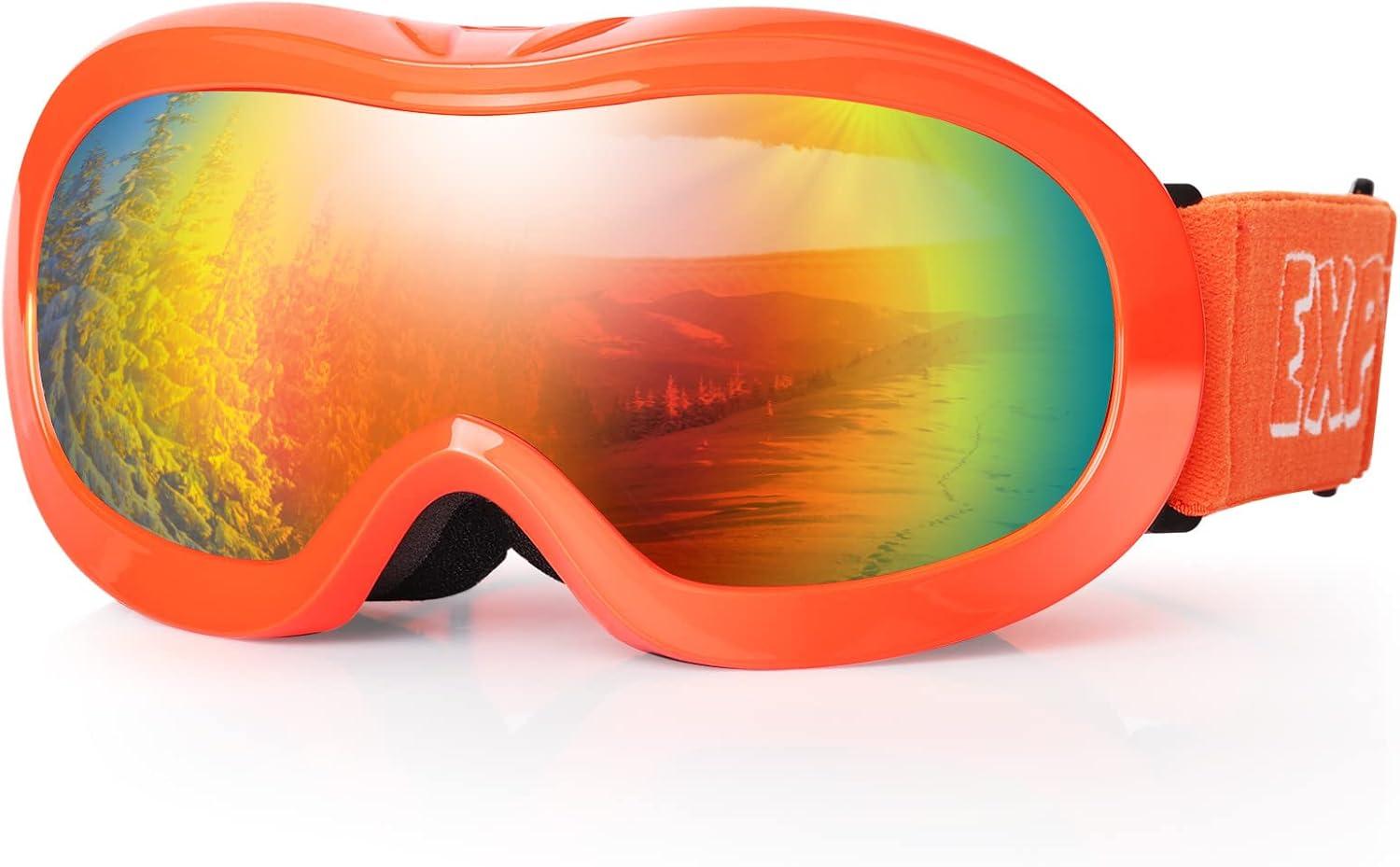 imageEXP VISION Kids Ski Goggles AntiFog Child Snowboard Goggles Over Glasses Snow Goggles for Boys Girls Toddler Age 314Orange FrameRed Lens