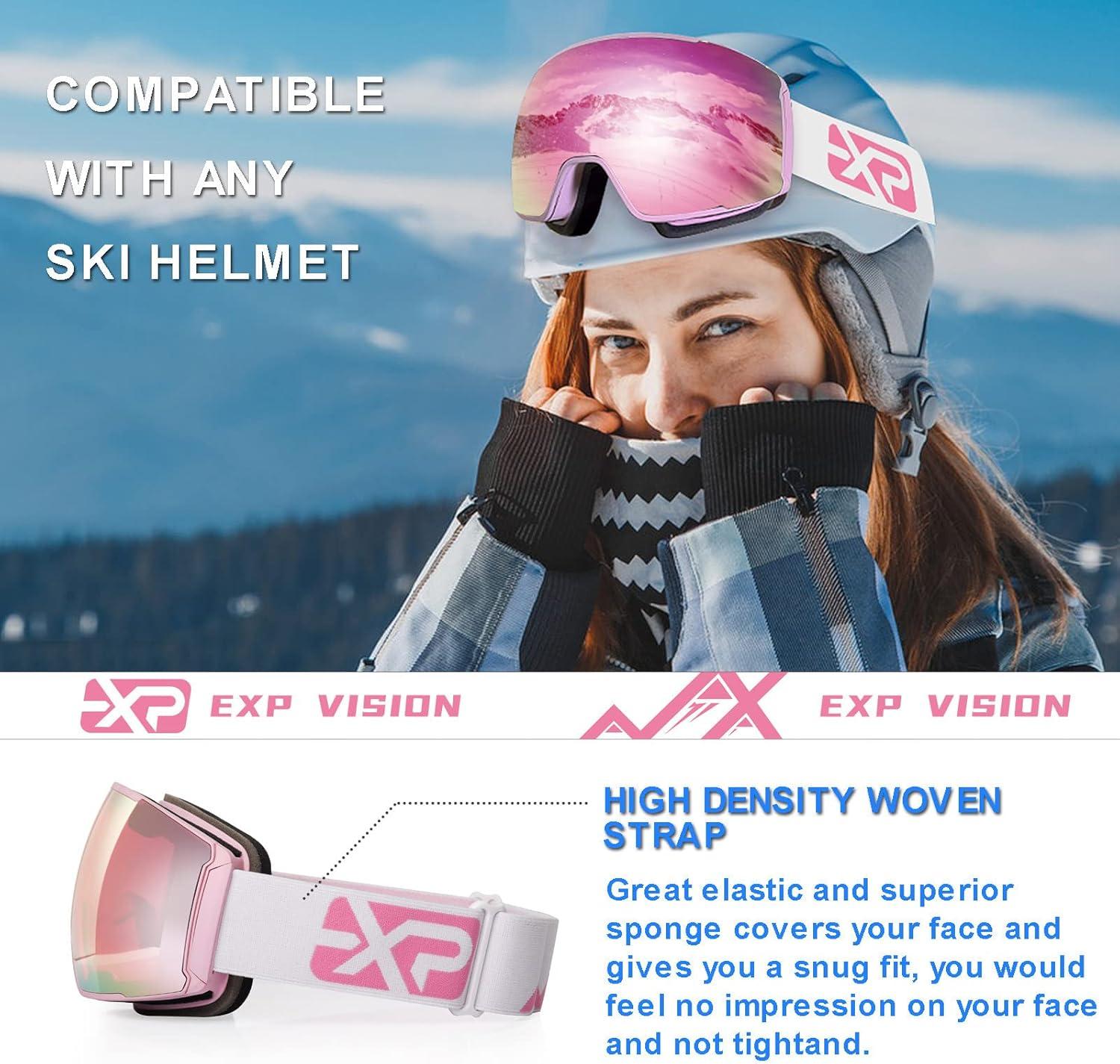 imageEXP VISION Ski Goggles Magnetic Snowboard Goggles Frameless for Men Women OTG Anti Fog Interchangeable LensPink