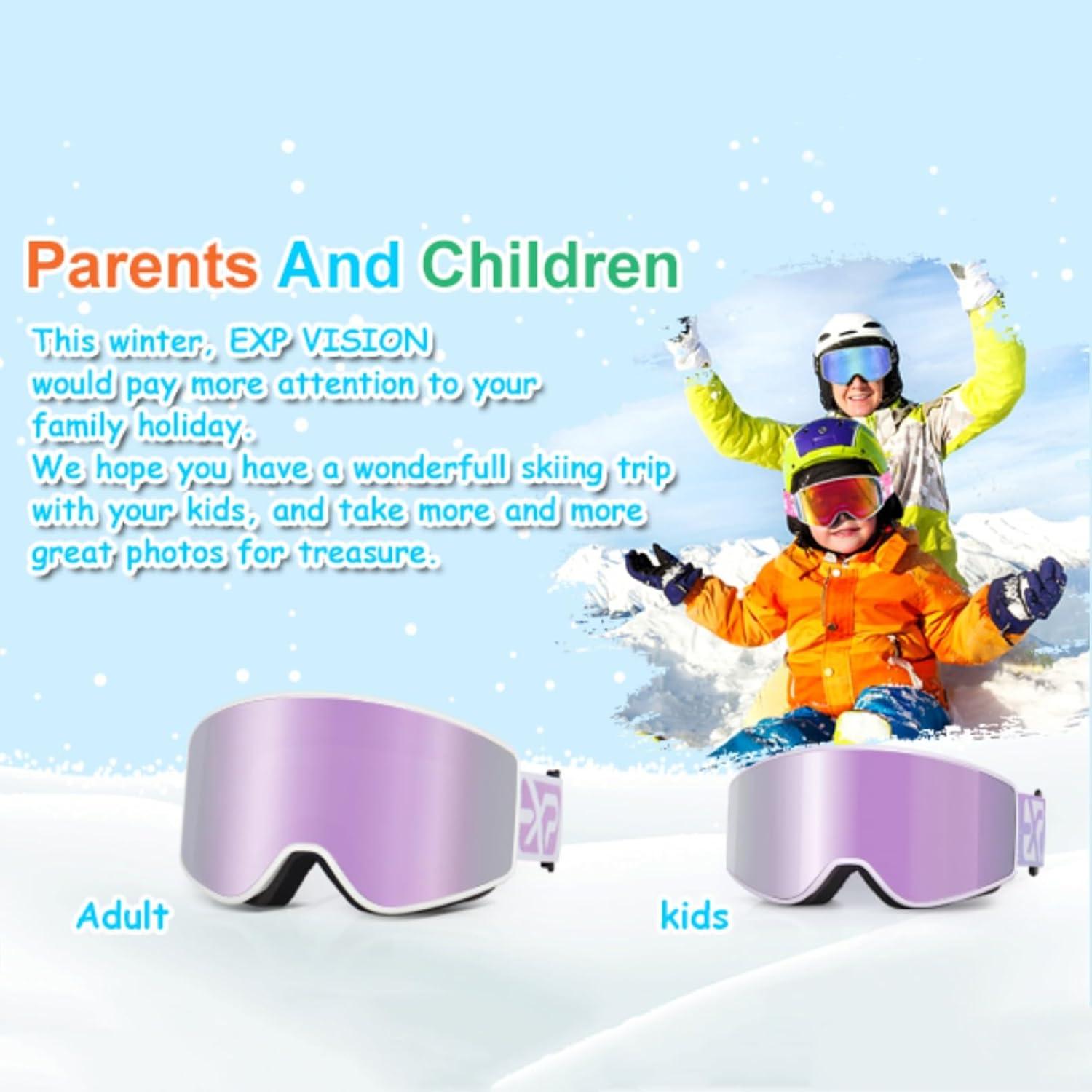 imageEXP VISION SkiSnowboard Goggles Parentchild Snow Goggles Over Glasses for Men Women Youth KidsKids Ski Gogglespail Lilac