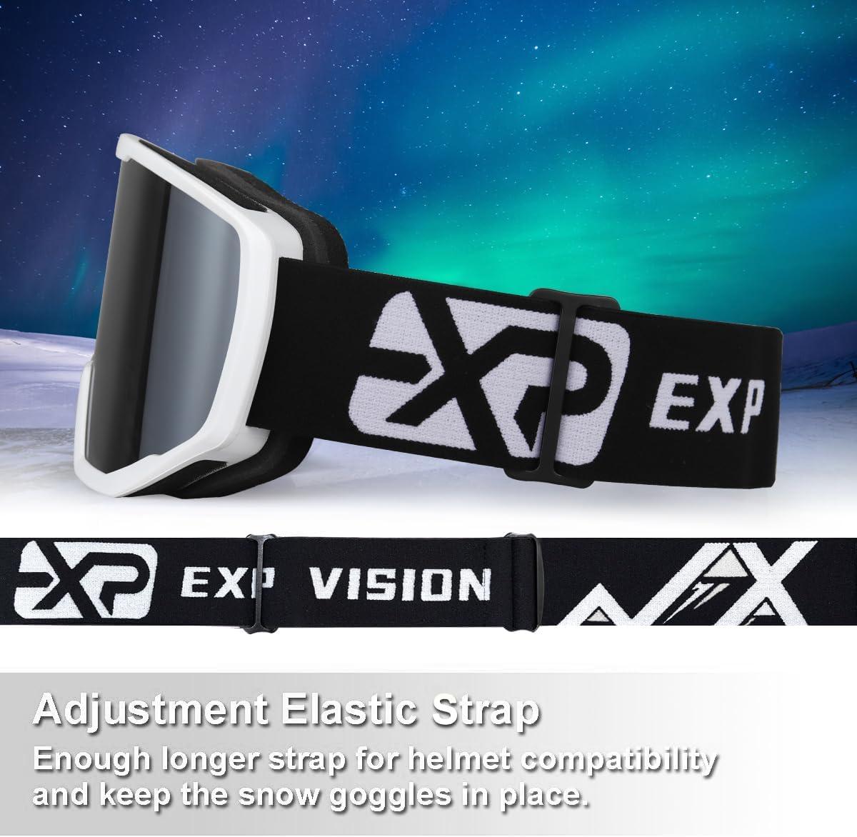 imageEXP VISION SkiSnowboard Goggles for Men Women OTG Snow Goggles Anti Fog UV ProtectionWhite Frame Silver