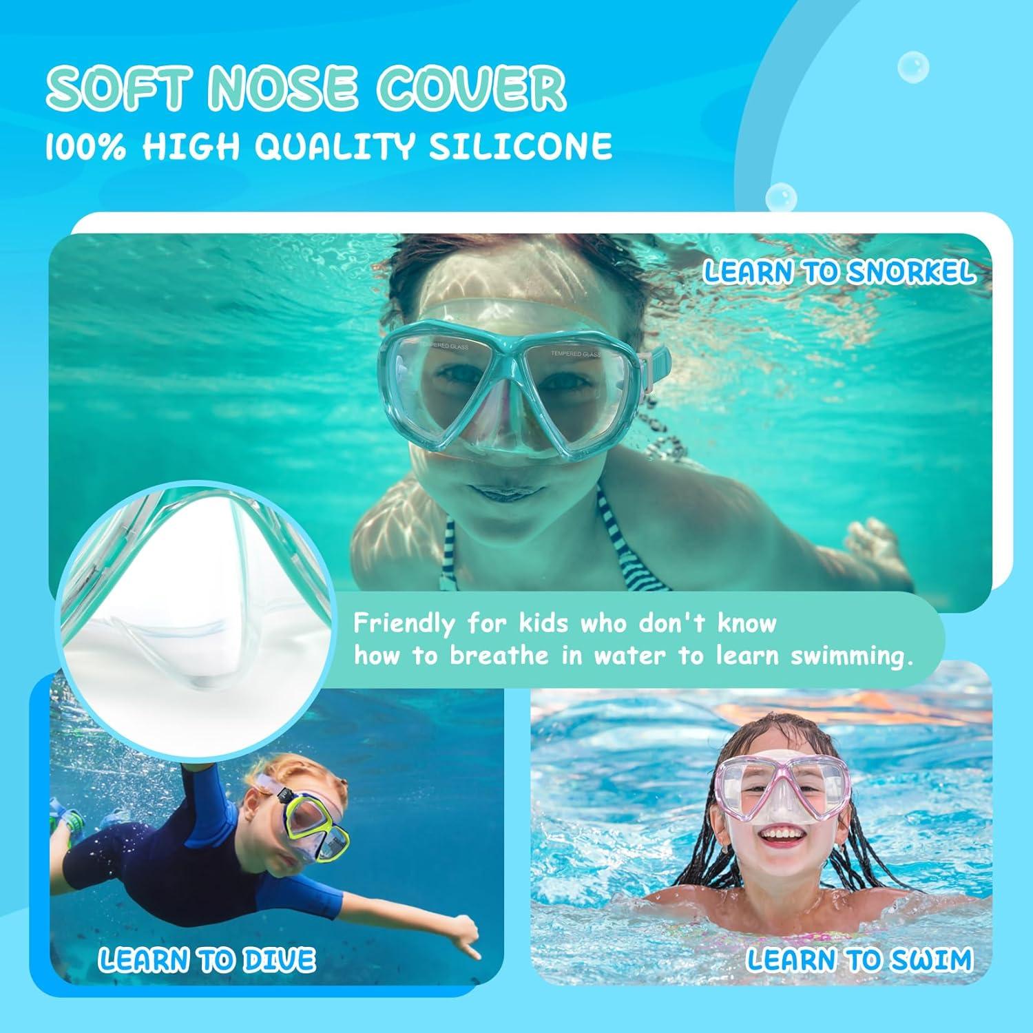 imageKids Diving Mask 180 AntiFog Swim Mask Tempered Glass Child Swim Goggles with Nose Cover AntiLeak Kids Swim Goggles 414 Boys Girls for Diving Snorkeling SwimmingAqua