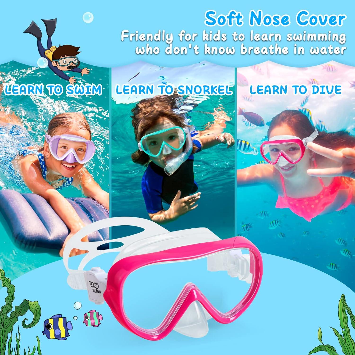 imageKids Swim Mask 180 Snorkel Diving Mask AntiFog Child Swim Goggles with Nose Cover NoLeak Swimming Goggles AntiShattered Lens for Youth 415Bright Pink