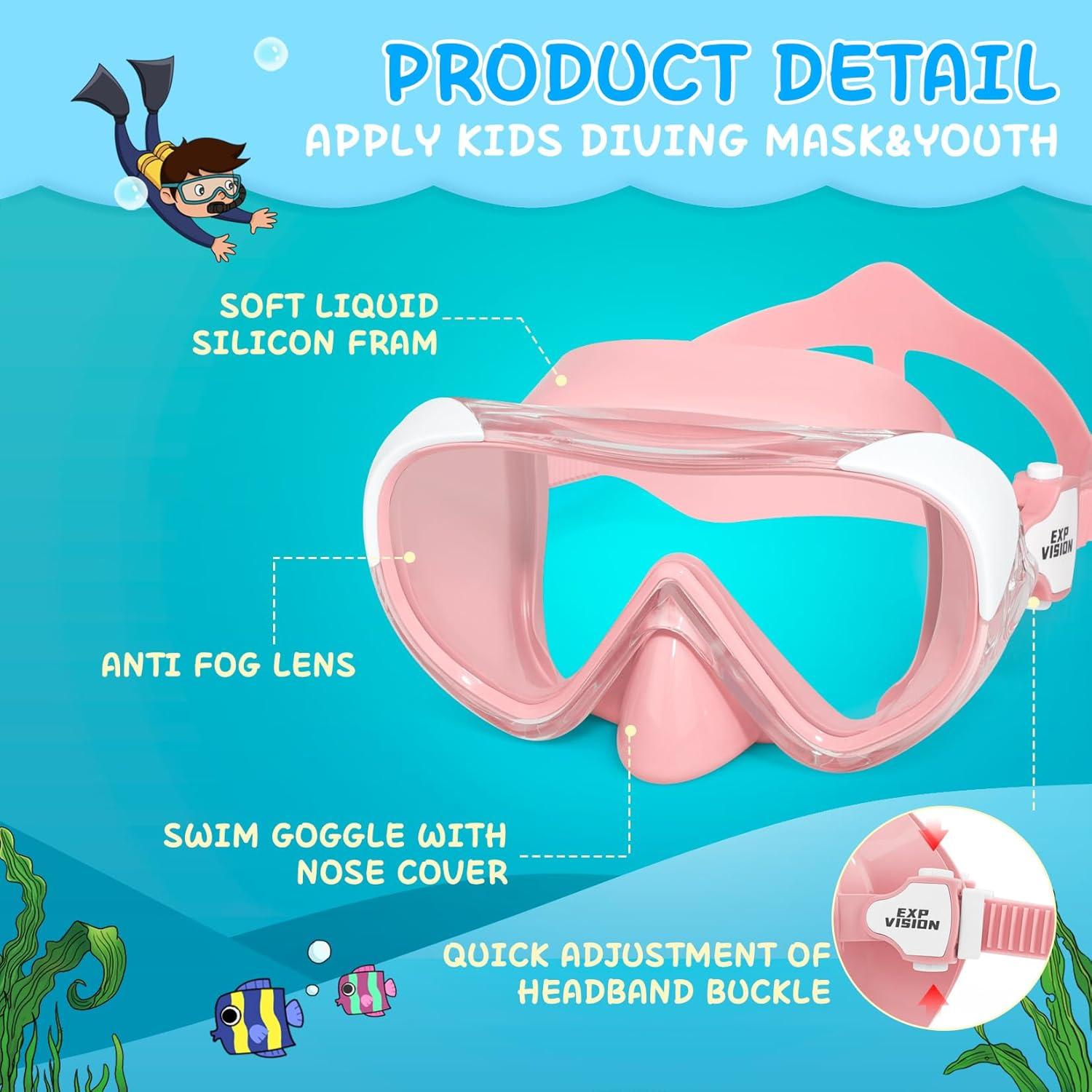 imageKids Swim Mask 180 Snorkel Diving Mask AntiFog Child Swim Goggles with Nose Cover NoLeak Swimming Goggles AntiShattered Lens for Youth 415Pale Pink
