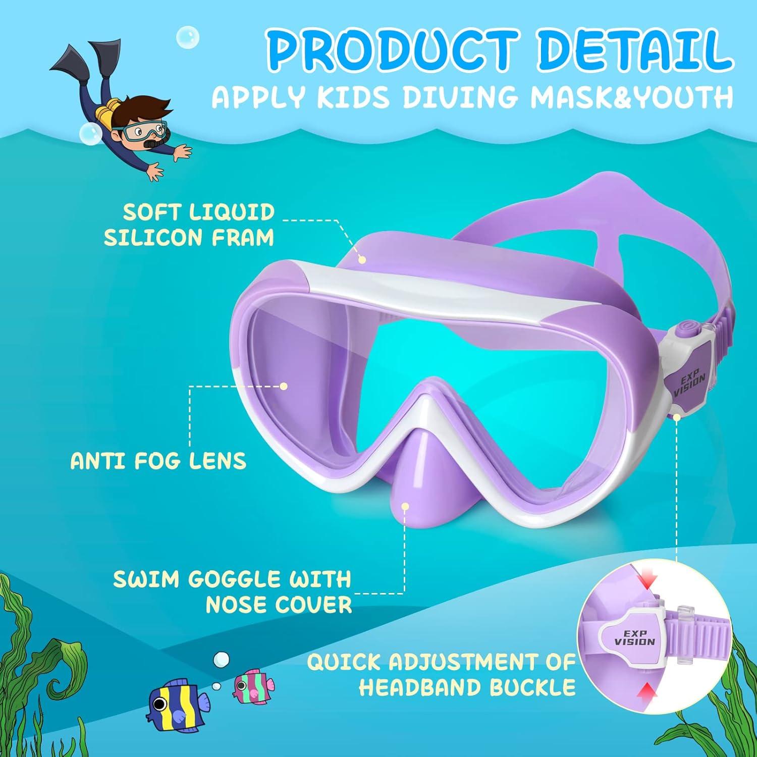 imageKids Swim Mask 180 Snorkel Diving Mask AntiFog Child Swim Goggles with Nose Cover NoLeak Swimming Goggles AntiShattered Lens for Youth 415PurpleBlue 2pcs