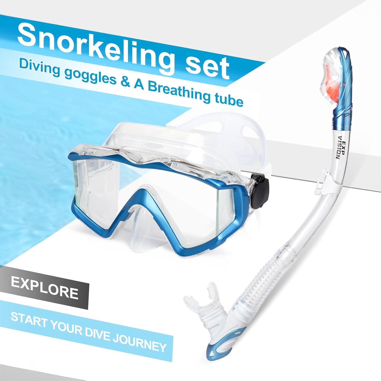 imageSnorkel Set Pano 3 Window Adult Snorkeling Gear Professional Snorkel Goggles AntiFog Diving Mask AntiLeak Swim Goggles and Dry Top Snorkel for Diving Snorkeling SwimmingLake Blue