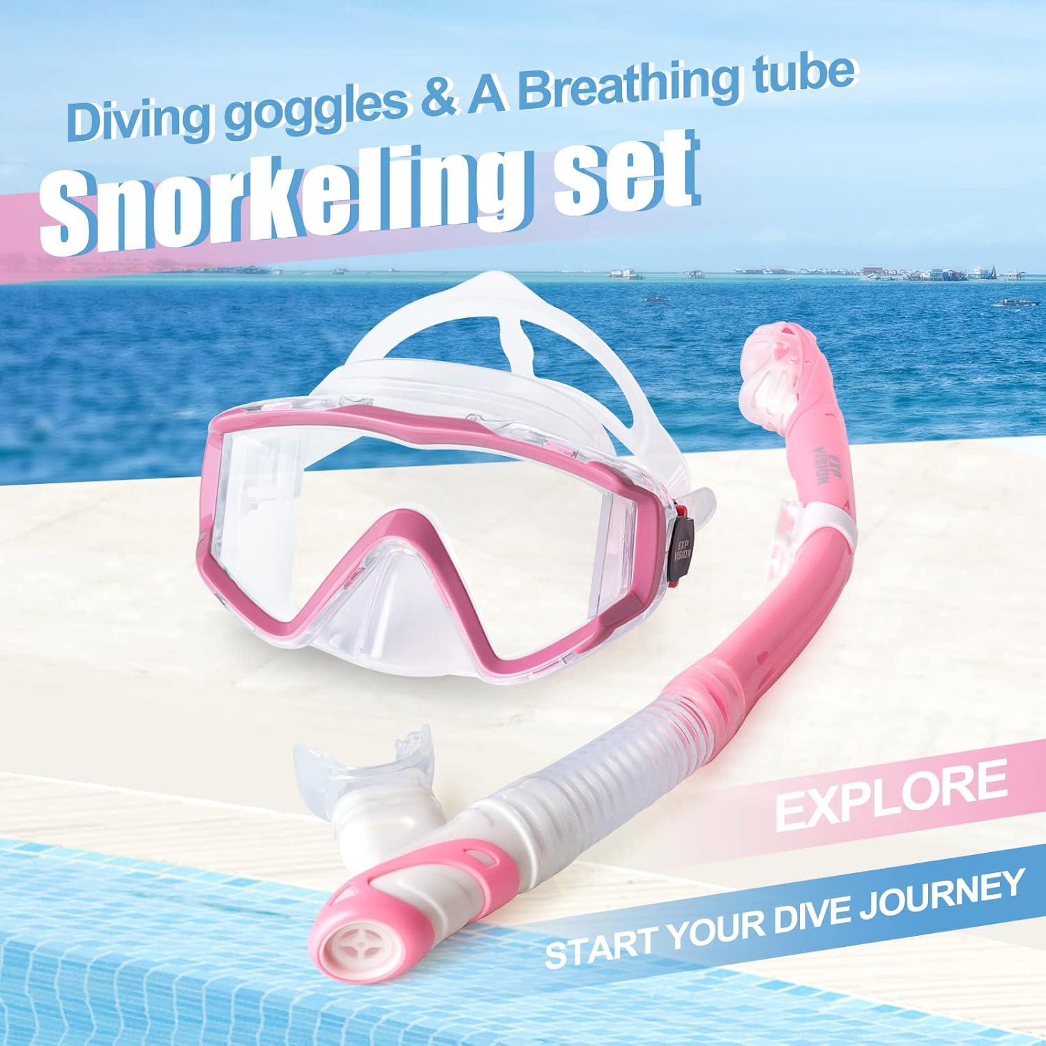 imageSnorkel Set Pano 3 Window Adult Snorkeling Gear Professional Snorkel Goggles AntiFog Diving Mask AntiLeak Swim Goggles and Dry Top Snorkel for Diving Snorkeling SwimmingPink