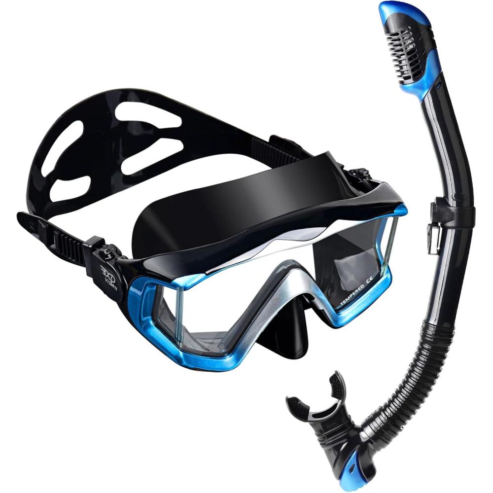 imageAdult Pano 3 Scuba Diving Mask Tempered Glass Snorkel Mask AntiFog Swim Mask No Leakage Swim Goggles with Nose Cover Snorkeling Gear for Snorkeling Freediving SwimmingBlue Set