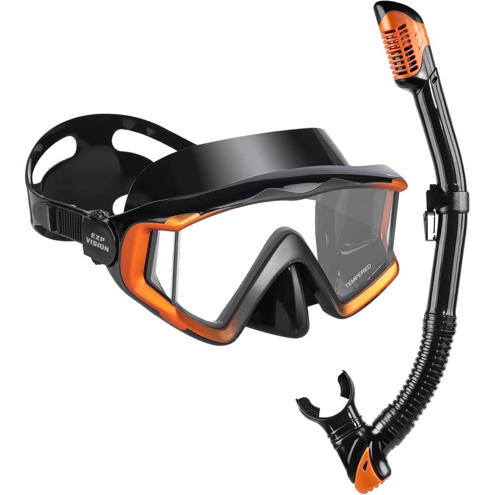 imageAdult Pano 3 Scuba Diving Mask Tempered Glass Snorkel Mask AntiFog Swim Mask No Leakage Swim Goggles with Nose Cover Snorkeling Gear for Snorkeling Freediving SwimmingOrangeBlack Set