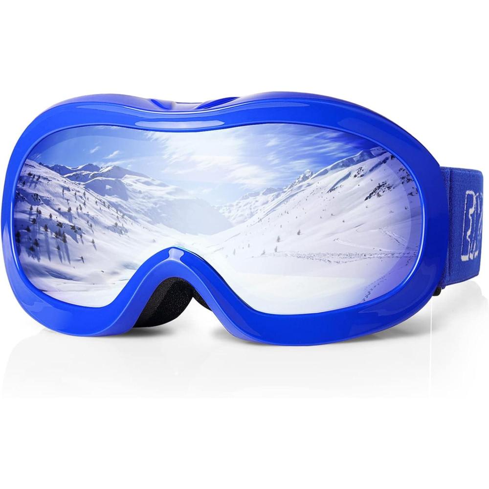 imageEXP VISION Kids Ski Goggles AntiFog Child Snowboard Goggles Over Glasses Snow Goggles for Boys Girls Toddler Age 314Blue FrameBlue Lens