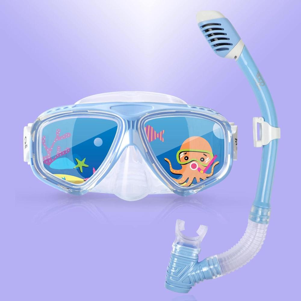 imageKids Swim Mask 180 Panoramic Child Diving Mask AntiFog Kids Swim Goggles with Nose Cover for Swimming Diving Snorkeling for Boys and Girls Age 414Blue Set