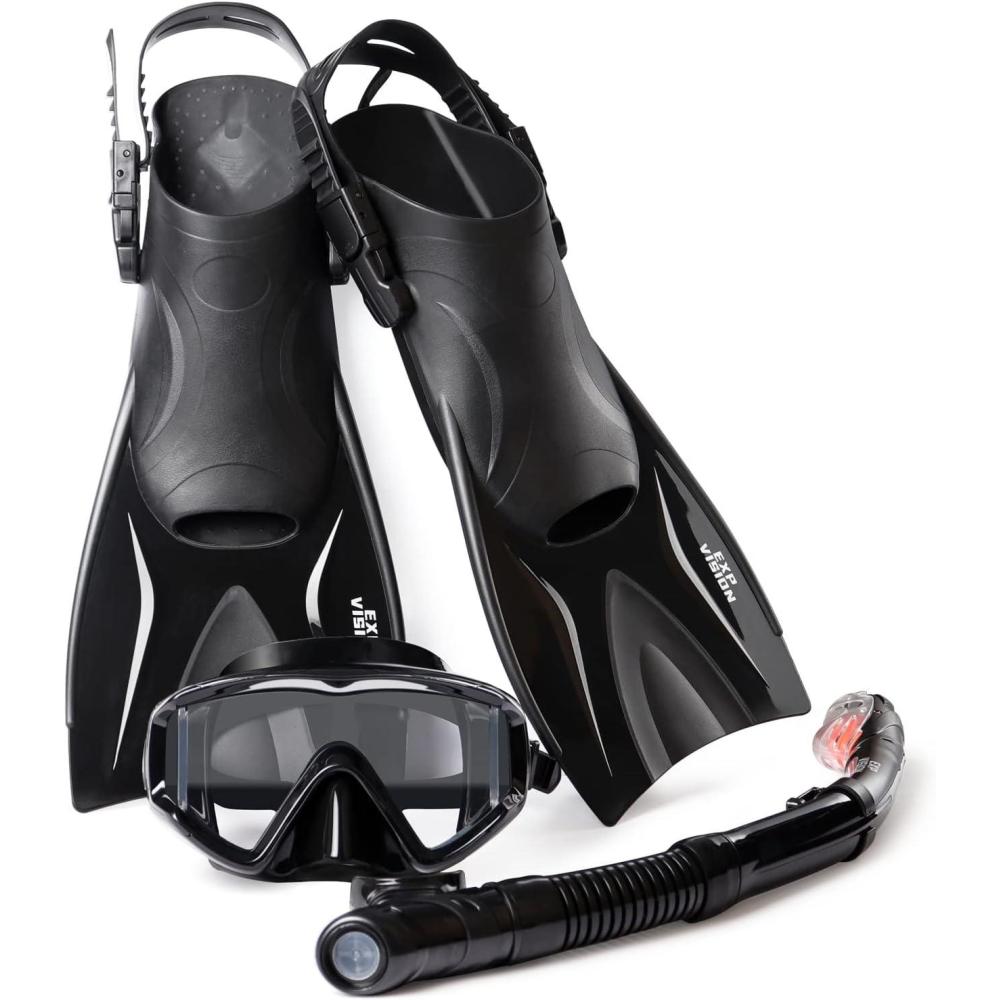 imageMask Fin Snorkel Set Adults Snorkeling Gear Panoramic Diving Mask and Dry Top Snorkel and Dive Flippers Kit with Travel Bag for Swimming Training SnorkelingMediumBlack Set