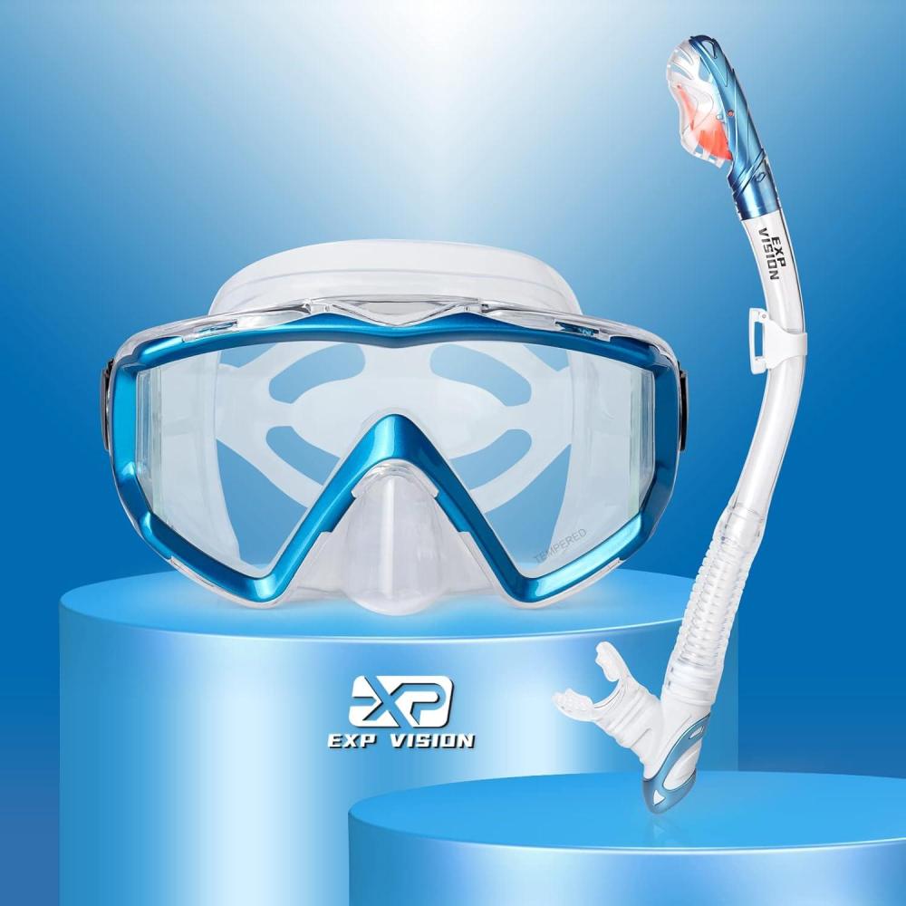 imageSnorkel Set Pano 3 Window Adult Snorkeling Gear Professional Snorkel Goggles AntiFog Diving Mask AntiLeak Swim Goggles and Dry Top Snorkel for Diving Snorkeling SwimmingLake Blue