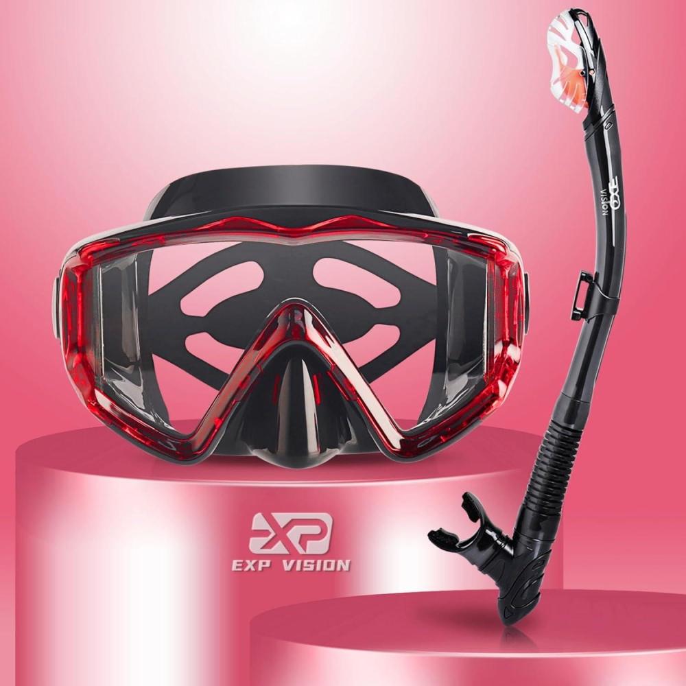 imageSnorkel Set Pano 3 Window Adult Snorkeling Gear Professional Snorkel Goggles AntiFog Diving Mask AntiLeak Swim Goggles and Dry Top Snorkel for Diving Snorkeling SwimmingRed