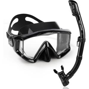 Adult Pano 3 Scuba Diving Mask, Tempered Glass Snorkel Mask Anti-Fog Swim Mask No Leakage Swim Goggles with Nose Cover Snorkeling Gear for Snorkeling, Freediving, Swimming(Mystic Black Set)