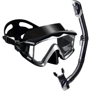 Adult Pano 3 Scuba Diving Mask, Tempered Glass Snorkel Mask Anti-Fog Swim Mask No Leakage Swim Goggles with Nose Cover Snorkeling Gear for Snorkeling, Freediving, Swimming(Black Set)