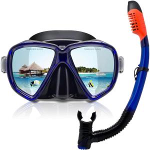 Adult Snorkel Set Panoramic Anti-Fog Diving Mask and Dry Snorkel, Tempered Glass Snorkel Mask Professional Youth Snorkeling Gear for Snorkeling, Swimming, Diving(Blue)