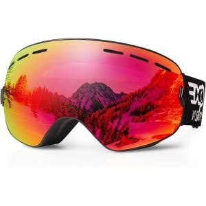 EXP VISION Snowboard Ski Goggles Men Women Youth, Anti Fog OTG Winter Snow Goggles Spherical Detachable Lens(Red)
