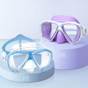 Kids Diving Mask 180° Anti-Fog Swim Mask, Tempered Glass Child Swim Goggles with Nose Cover Anti-Leak Kids Swim Goggles 4-14 Boys Girls for Diving, Snorkeling, Swimming(Purple+Blue 2PCS)