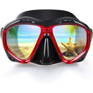 Snorkel Diving Mask Panoramic HD Swim Mask, Anti-Fog Scuba Diving Goggles,Tempered Glass Dive Mask Adult Youth Swim Goggles with Nose Cover for Diving, Snorkeling, Swimming(Black Red)