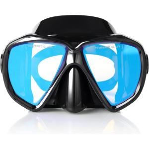 Snorkel Diving Mask Panoramic HD Swim Mask, Anti-Fog Scuba Diving Goggles,Tempered Glass Dive Mask Adult Youth Swim Goggles with Nose Cover for Diving, Snorkeling, Swimming(Black Frame-Blue Lens)