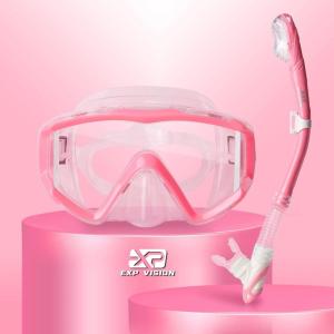 Snorkel Set Pano 3 Window Adult Snorkeling Gear, Professional Snorkel Goggles Anti-Fog Diving Mask, Anti-Leak Swim Goggles and Dry Top Snorkel for Diving, Snorkeling, Swimming(Pink)