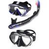 2pcs Diving mask Top Dry Snorkel Set for Snorkeling Freediving Swimming (Black +Blue Set)