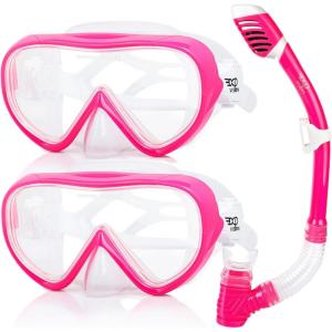 2PCS Kids Snorkeling Set Panoramic Snorkel Mask, Anti-Fog Youth Scuba Diving Mask Anti-Leak Dry Top Snorkel, Tempered Glass Swim Mask Professional Child Snorkeling Gear