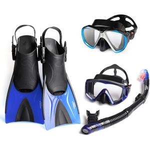 2pcs Adults Diving Mask and Fins Snorkel Set Snorkeling Gear, Snorkel Diving Mask, Panoramic HD Swim Mask, Anti-Fog Scuba Diving Goggles, Silicone Skirt Tempered Glass Dive Mask Adult Youth