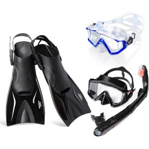 2pcs Adults Diving Mask and Fins Snorkel Set Snorkeling Gear Snorkel Diving Mask, Panoramic HD Swim Mask, Anti-Fog Scuba Diving Goggles, Silicone Skirt Tempered Glass Dive Mask Adult Youth