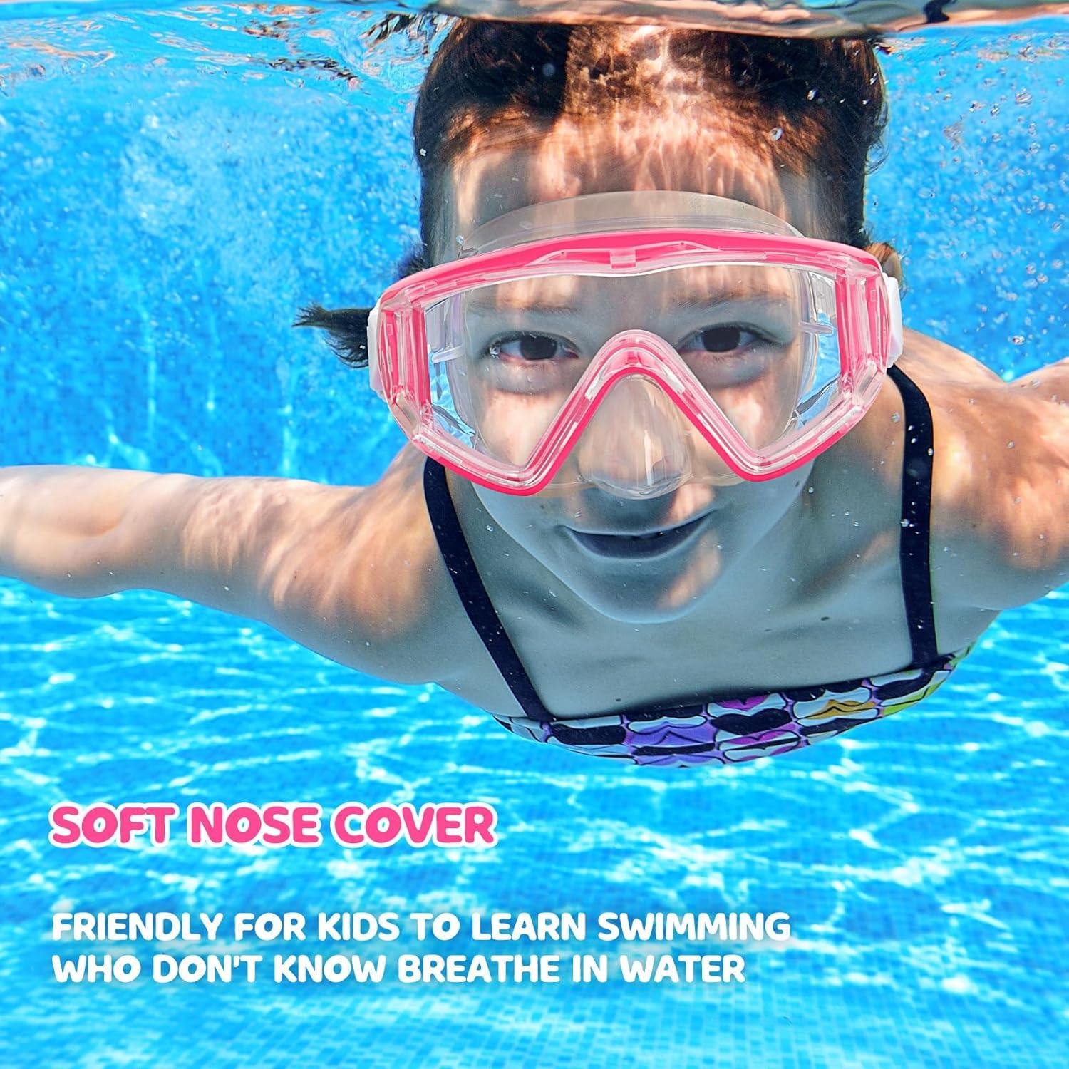image180 Panoramic Kids Swim Goggles Pano 3 Kids Diving Mask AntiFog ampLeakProof Child Swim Mask Unbreakable PC Lens Kids Goggles with Nose Cover for Boys amp Girls Age 414Bright Pink