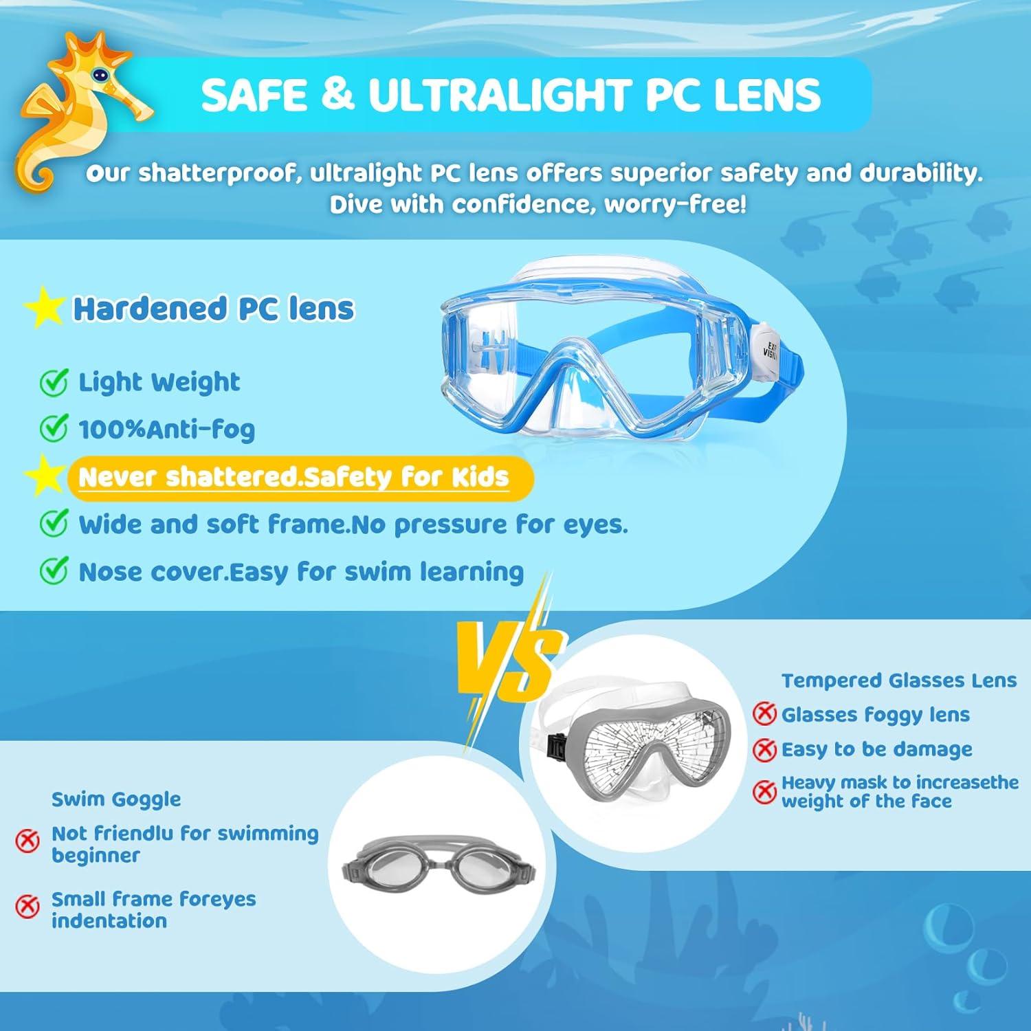 image180 Panoramic Kids Swim Goggles Pano 3 Kids Diving Mask AntiFog ampLeakProof Child Swim Mask Unbreakable PC Lens Kids Goggles with Nose Cover for Boys amp Girls Age 414Blue