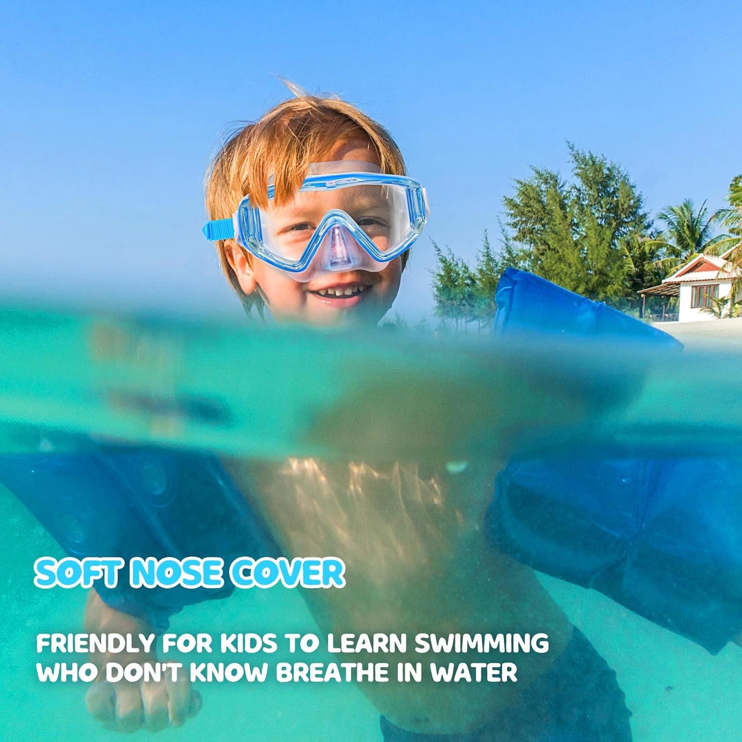 image180 Panoramic Kids Swim Goggles Pano 3 Kids Diving Mask AntiFog ampLeakProof Child Swim Mask Unbreakable PC Lens Kids Goggles with Nose Cover for Boys amp Girls Age 414Blue