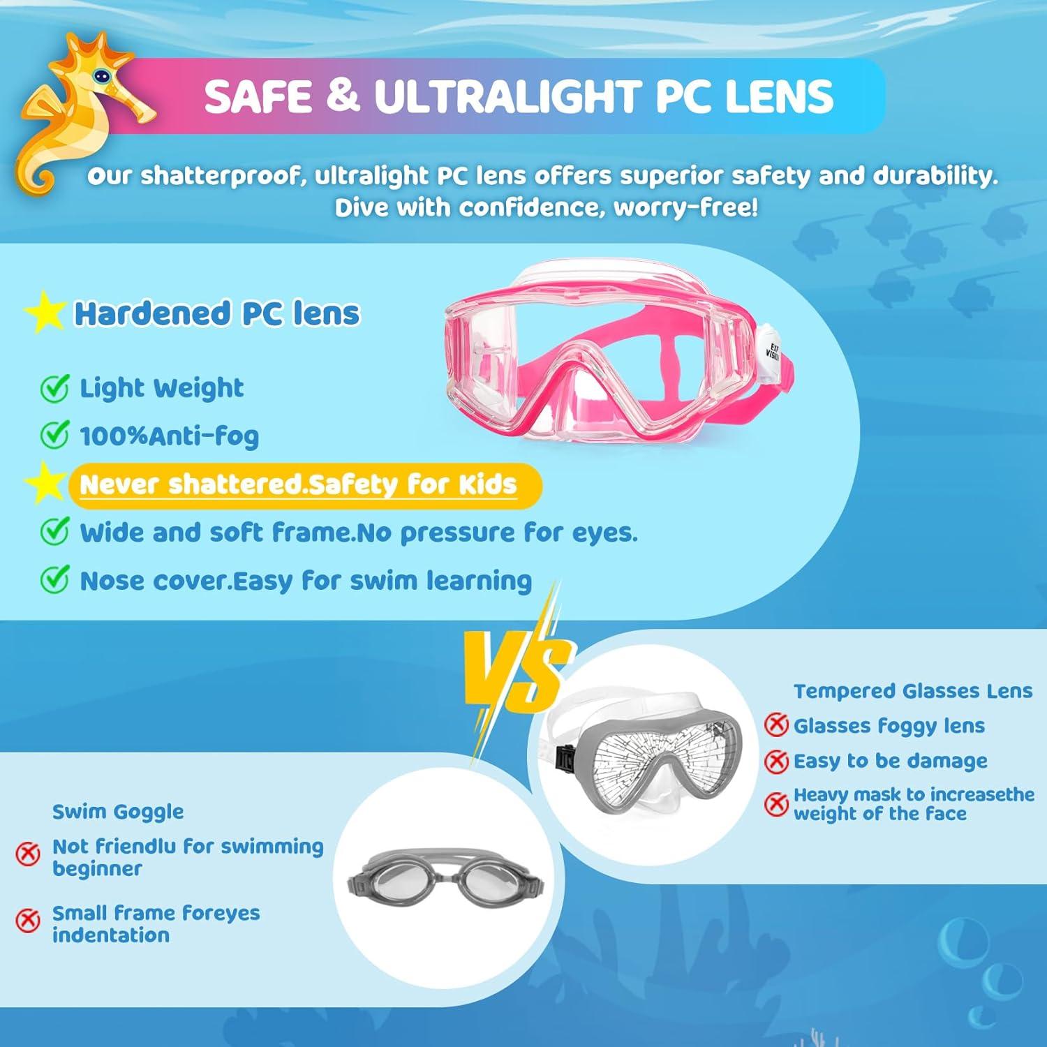 image180 Panoramic Kids Swim Goggles Pano 3 Kids Diving Mask AntiFog ampLeakProof Child Swim Mask Unbreakable PC Lens Kids Goggles with Nose Cover for Boys amp Girls Age 414Bright Pink